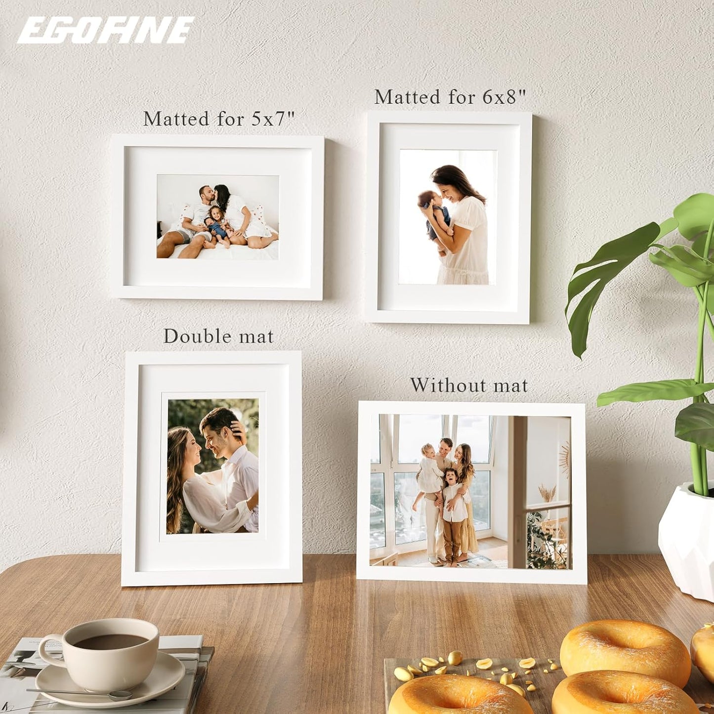 Egofine 9x12 Picture Frames Set of 4, Made of Solid Wood Covered by Plexiglass 5x7 and 6x8 with Mat or 9x12 without Mat, for Table Top Display and Wall Mounting Photo Frame White