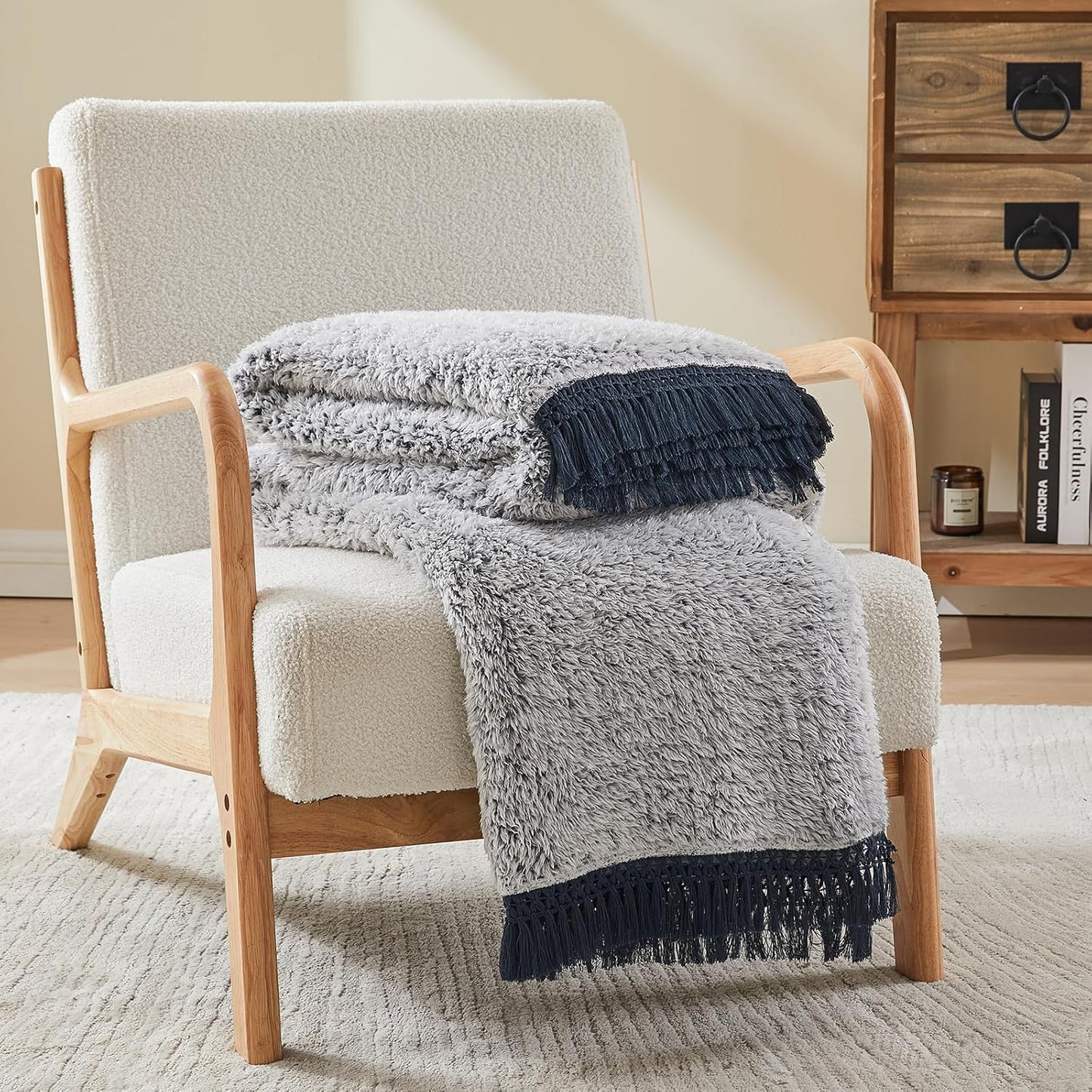 EMME Soft Sherpa Fleece Blanket with Tassel, Reversible Plush Fluffy Large Blanket, Light Weight Warm Decorative Boho Blanket Cover for Sofa, Couch, Bedroom,Travel(Tassel Navy,60"x80")