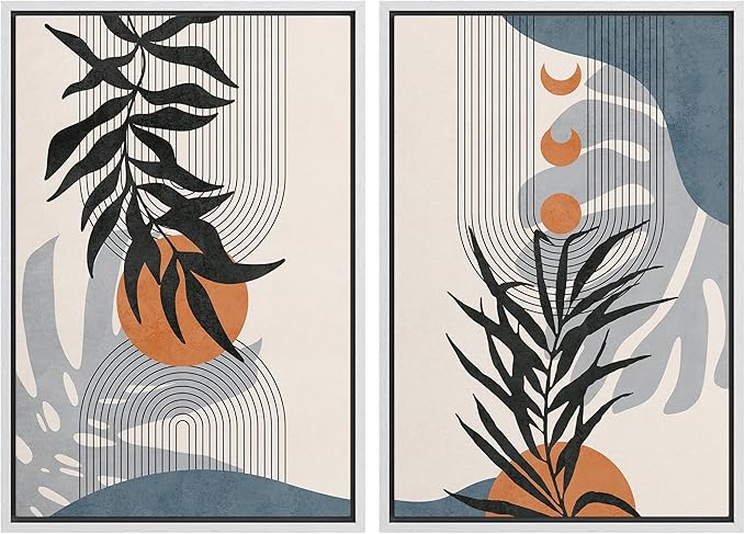 SIGNFORD Framed Canvas Print Wall Art Forest Plant Silhouettes & Mid-Century Symbols Abstract Shapes Illustrations Modern Boho Nature Chic for Living Room, Bedroom, Office - 16"x24"x2 White