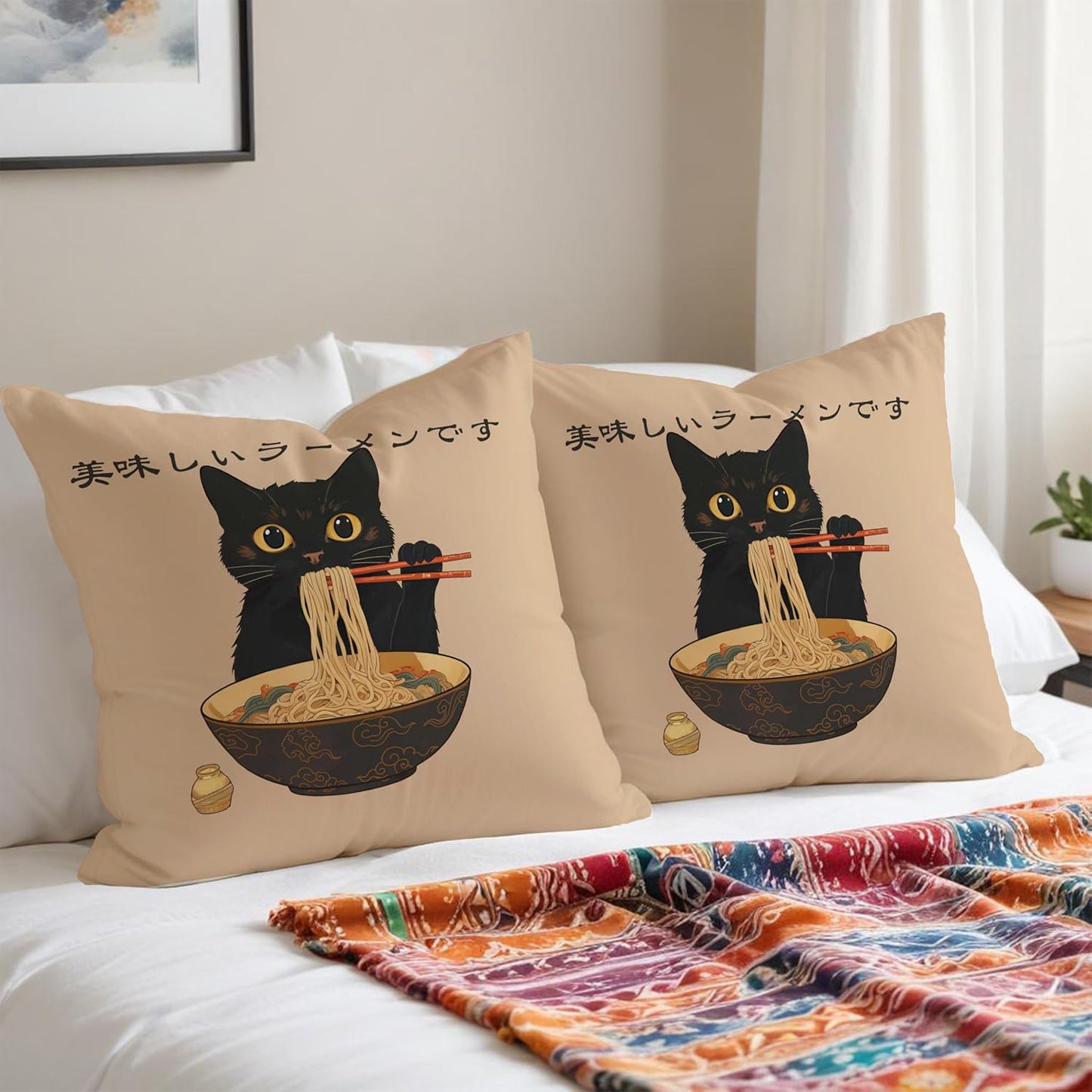 Funny Vintage Cute Anime Black Cat Japanese Ramen Noodles Pillow Covers 18x18, Aesthetic Black Cat Art Painting Decor Pillow Covers for Room Bedroom