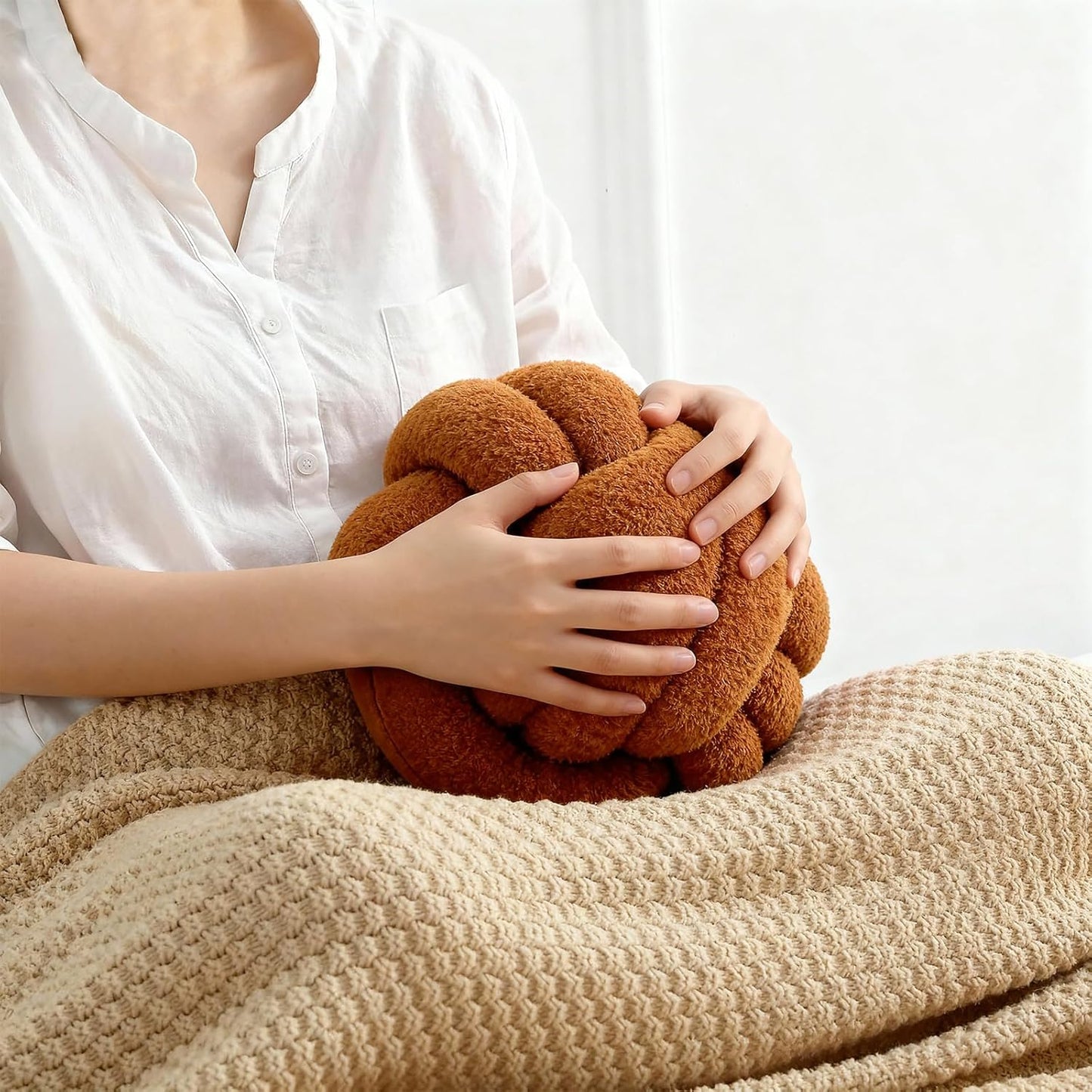 Knot Pillow Ball Plush - Decorative Throw Pillows for Bed Relieve Stress, Round Knot Cushion for Sofa Decor Pet Toy, Brown 8 inch