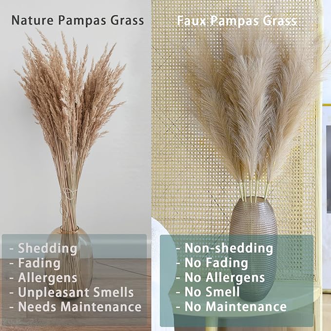 38" 10 Stems Faux Pampas Grass Decor - Tall Pampas Grass for Floor Vase Fluffy Artificial Pampas Grass for Boho Home Wedding Mothers Day Decoration（Brown）
