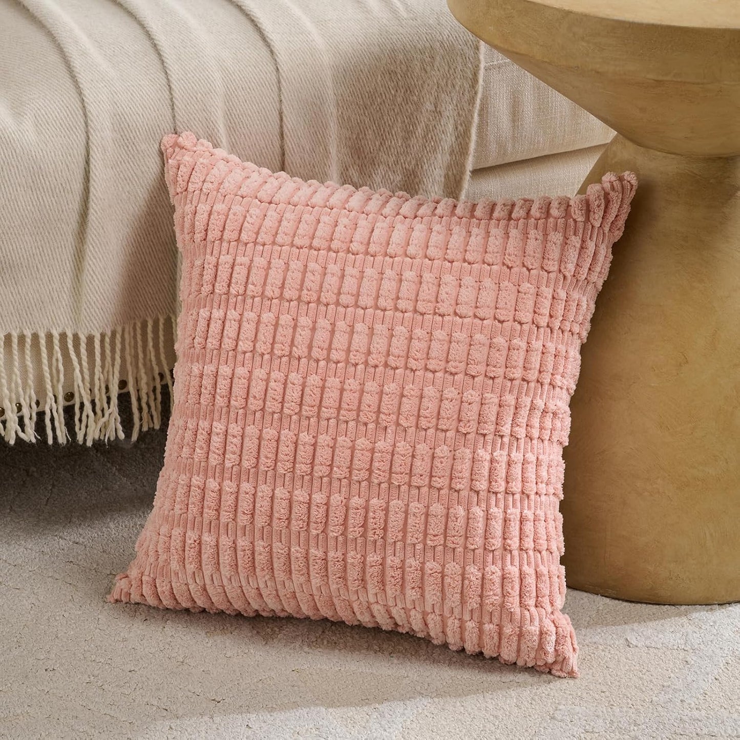 Fancy Homi 4 Packs Boho Blush Pink Big Decorative Throw Pillow Covers 24x24 Inch for Living Room Couch, Soft Plush Striped Corduroy Square Light Pink Coral Peach Cream Colorful Cushion Case 60x60 cm
