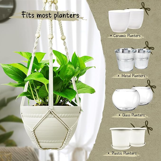 FGSAEOR Macrame Plant Holder Basket, Hanging 3-15 inch Pot, Bearing 20lb Planters, 35 Inches Extra Long Strong Boho Home Indoor Outdoor Décor (2-Pack) (Ivory)