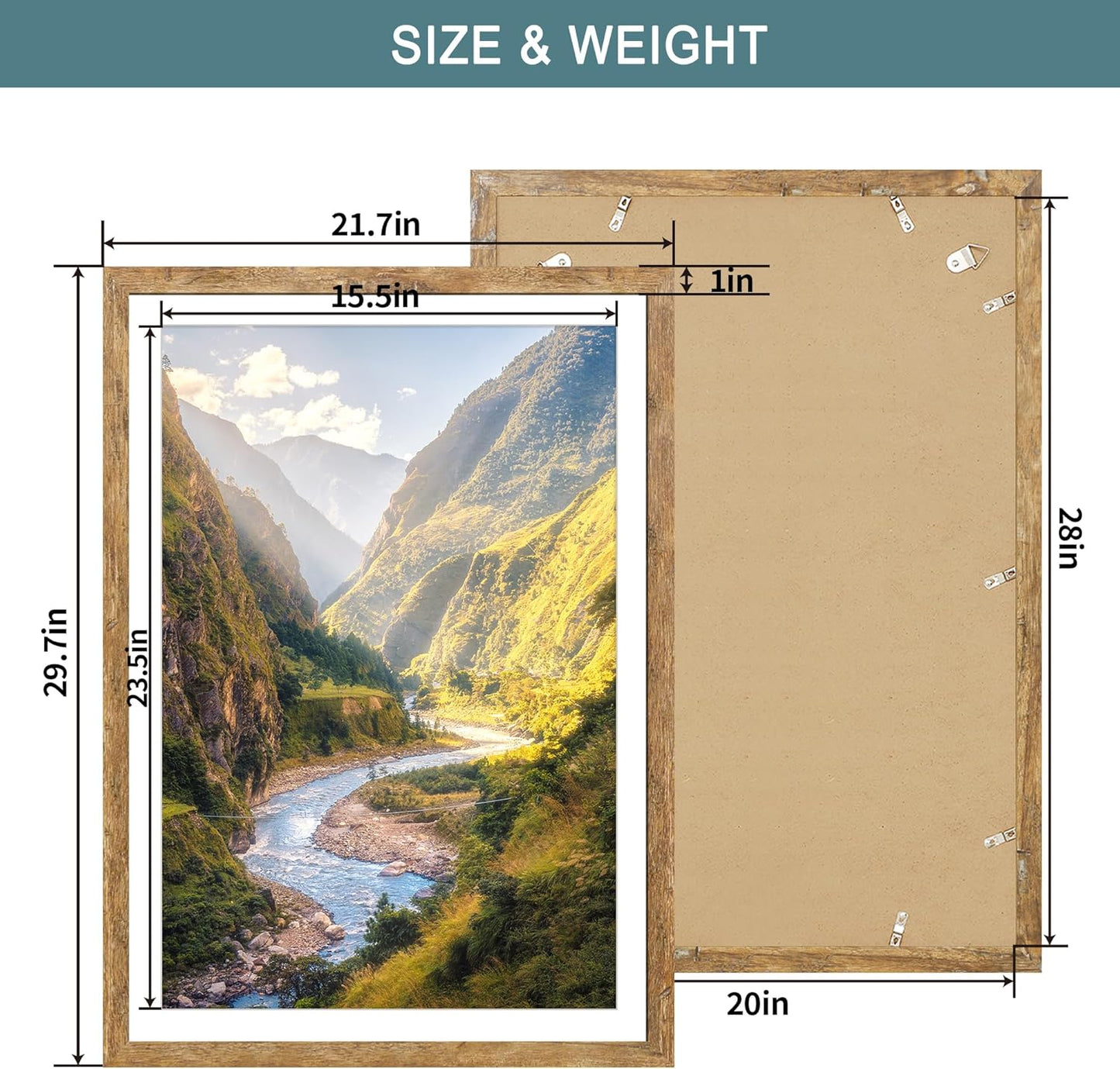 iRahmen 20x28 Poster Frame Set of 2 with Plexiglass, Wood Brown Rustic Picture Frames for Wall Mounting Display 16x24 Picture with Mat or 20 x 28 Without Mat