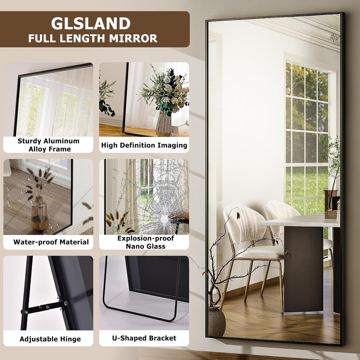 GLSLAND 68" x 24" Full Length Mirror - Rectangle Floor Mirrors Aluminum Alloy Frame Full Body Mirror for Bedroom, Living Room, Cloak Room,Black