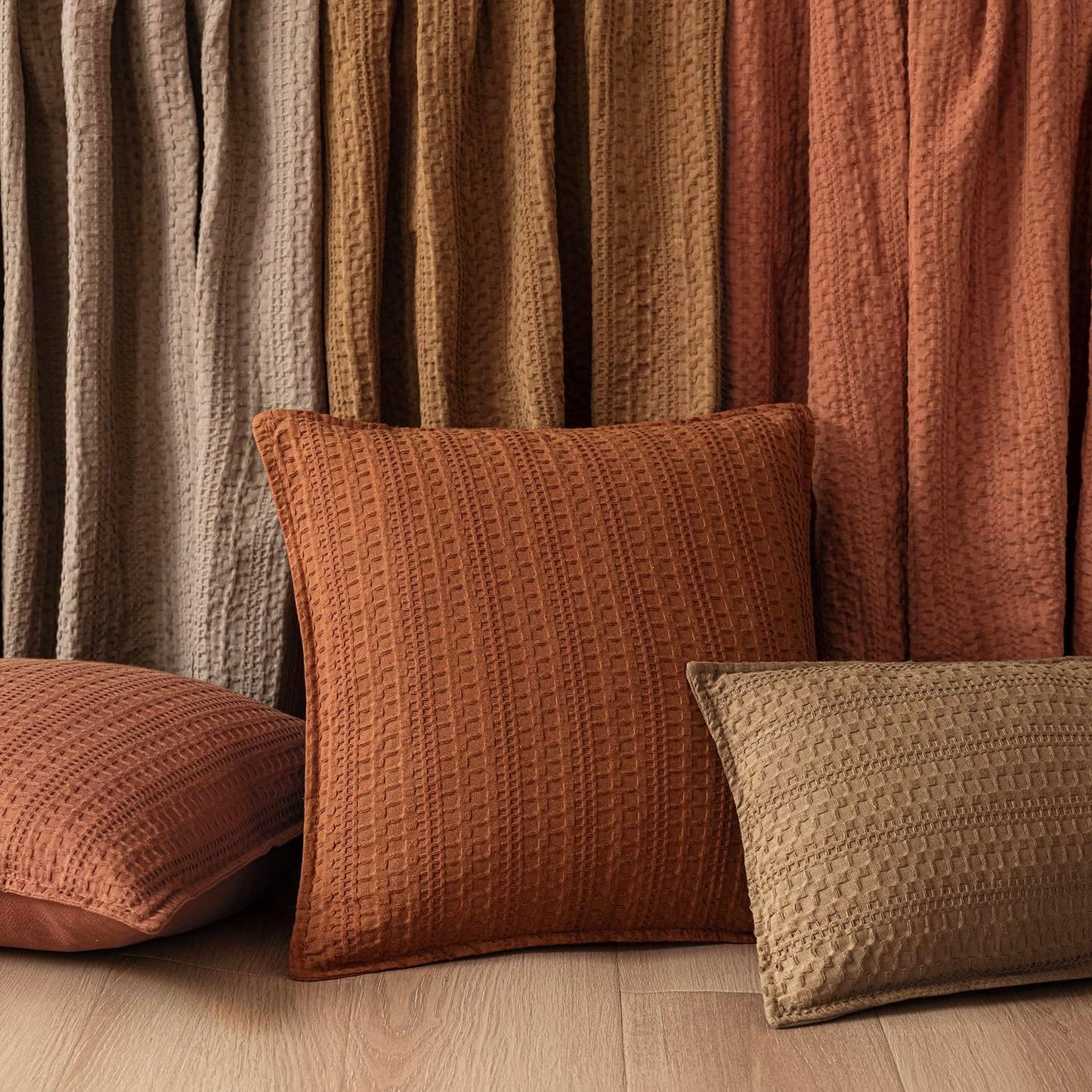 Foindtower Set of 2 Decorative Cotton Waffle Weave Throw Pillow Covers Euro Shams Cushion Covers Accent European Pillowcase for Bed Couch Sofa Bedroom Living Room Home Decor 26×26 Inch Burnt Orange