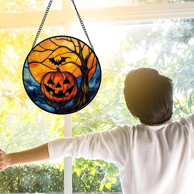 Stained Glass Window Hanging, Pumpkin Bat Moon Tree Suncatcher for Doors Home Sun Catchers Decoration and Christmas, Mother's Day Birthday Gifts for Women, Men, and Mom 11.8x11.8 in