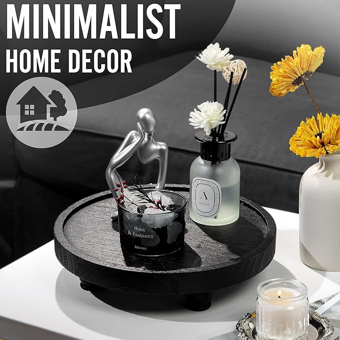 Tikea Farmhouse Wood Display Riser, 10 in. Farmhouse Pedestal Stand for Living Room Kitchen Bathroom Counter Decor, Round Display Tray for Coffee and Soap Dispenser (Black)