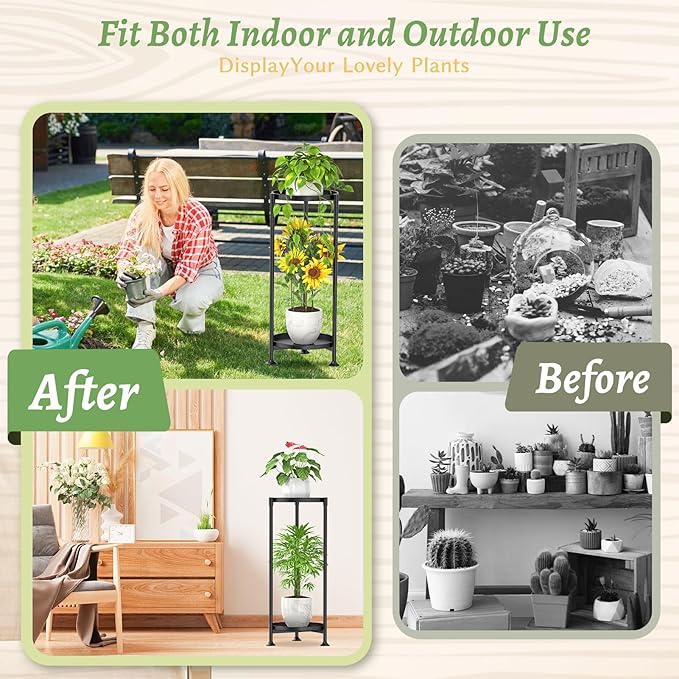 KMOTASUO 2 Tier Plant Stand Indoor for Large Tall Heavy Duty Planter, Multiple Sturdy Metal Flower Corner Rack for Narrow House Floor, Iron Vertical Level Round Orchi Holder Organizer, Black