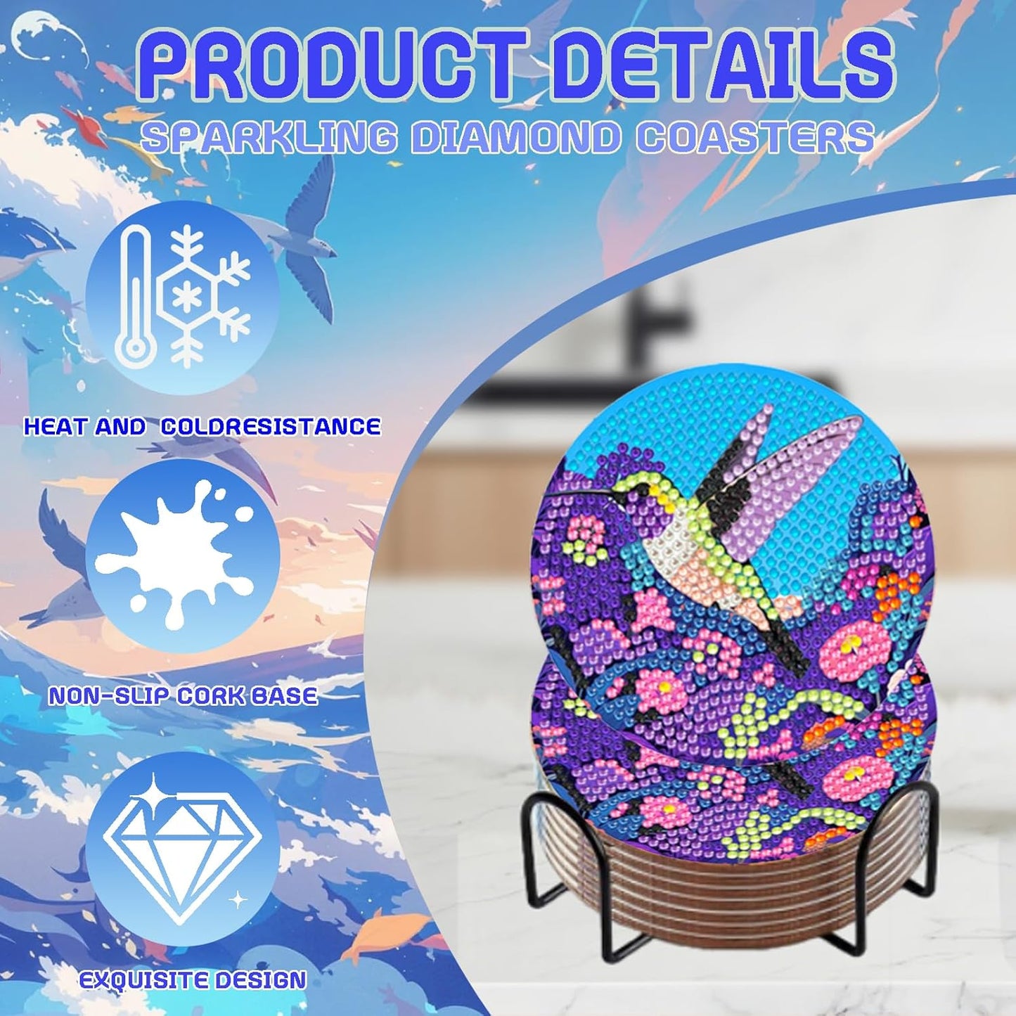 DOZEEZOP 8 PCS Animal Diamond Art Coasters Kit, Bird 5D Diamond Painting Coasters with Holder, Fall Small Diamond Art Kits for Adults Beginners, Diamond Dots Arts and Crafts Supplies