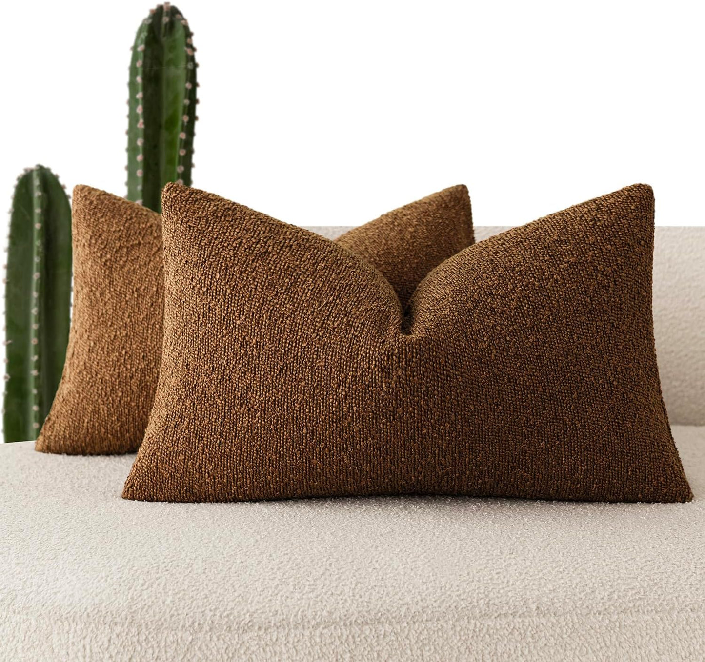 Foindtower Pack of 2 Textured Boucle Throw Pillow Covers Accent Solid Decorative Lumbar Pillow Cases Cozy Couch Cushion Case for Chair Sofa Bedroom Living Room Home Decor 12x20 Inch Hazel Brown