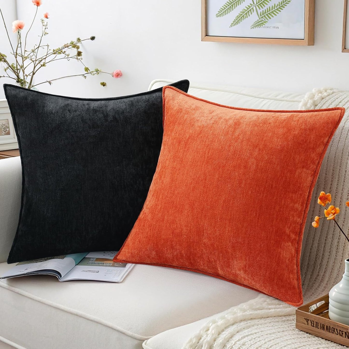 decorUhome Couch Throw Pillow Covers 16x16 Set of 2, Decorative Soft Euro Neutral Chenille Pillow Covers with Elegant Design for Sofa Bed Living Room Home Decor, Black