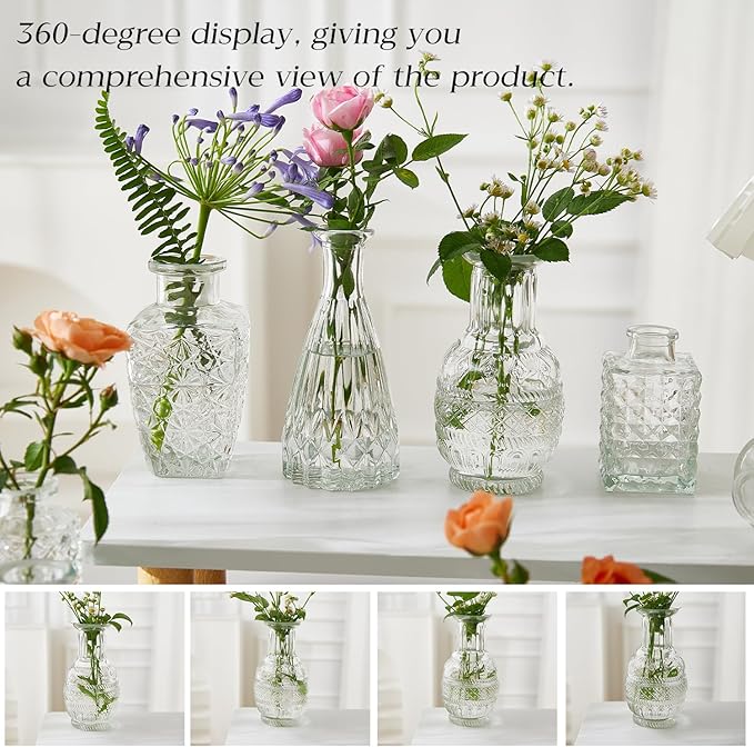 Glass Bud Vase Set of 60 - Small Vases for Flowers in Bulk - Assorted Vintage Crystal Vases for Flowers, Table Centerpieces (Clear, 60 Pcs)