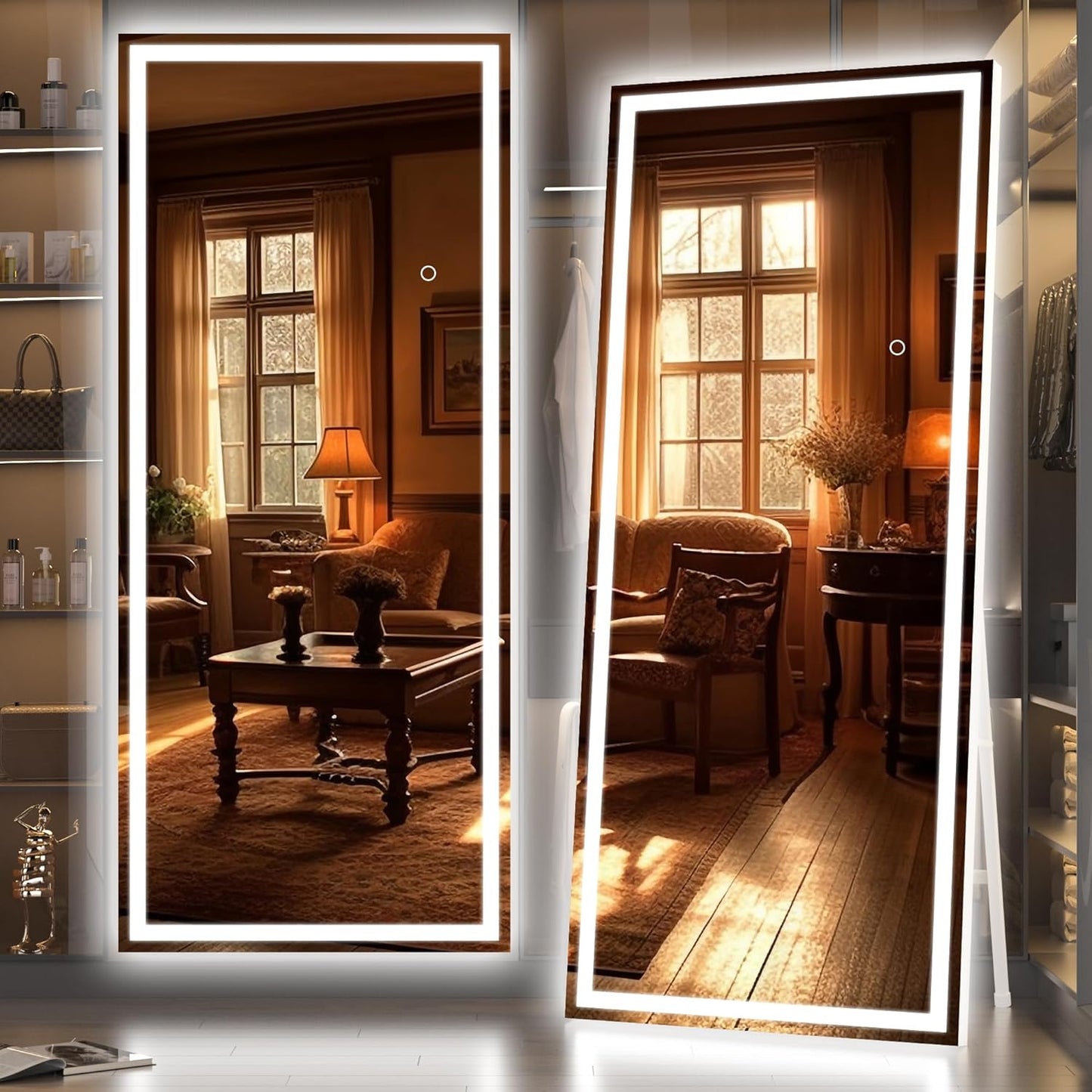 Hasipu Full Length Mirror with Lights, 71" x 24" LED Lighted Floor Standing, Full Body Dressing Hanging Mounted Mirror, Dimmable, Tempered Glass, Safe to Use, Square White