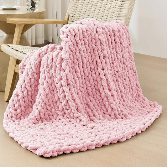 Bigacogo Chunky Knit Throw Blanket for Couch, 40x40 inches, 100% Hand Knitted with Thick Jumbo Chenille Yarn, Cozy Soft Large Rope Knot Cable Crochet Blankets for Sofa Bed Living Room, Blush Pink