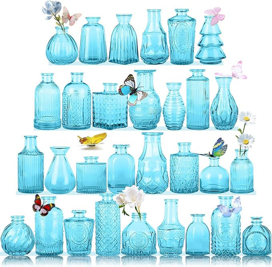 Glass Bud Vase Set, Mini Vases for Flowers, Bulk Vintage Mini Vases for Centerpieces Wedding Decor, Home Flower Décor, Candle Holders, Diffuse Bottles, Hydroponic, (Pack of 30,Sky Blue)