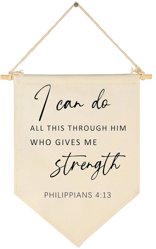 I Can Do All This Through Him- Scripture Sign-Bible Verse Decor-Flag Decor Gift For Baby Boys Girls Newborn Kids- Banner Wall Sign Gifts For Nursery Baby Room Playroom Bedroom Front Door