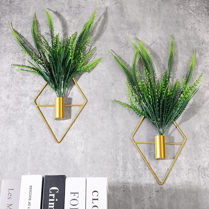 2 Pieces Gold Wall Decor Hanging Planters with Artificial Plants Metal Vase Indoor Plants Holder Modern Geometric Wall Art for Home Bathroom Bedroom Living Room Office(Boston Fern,Large)
