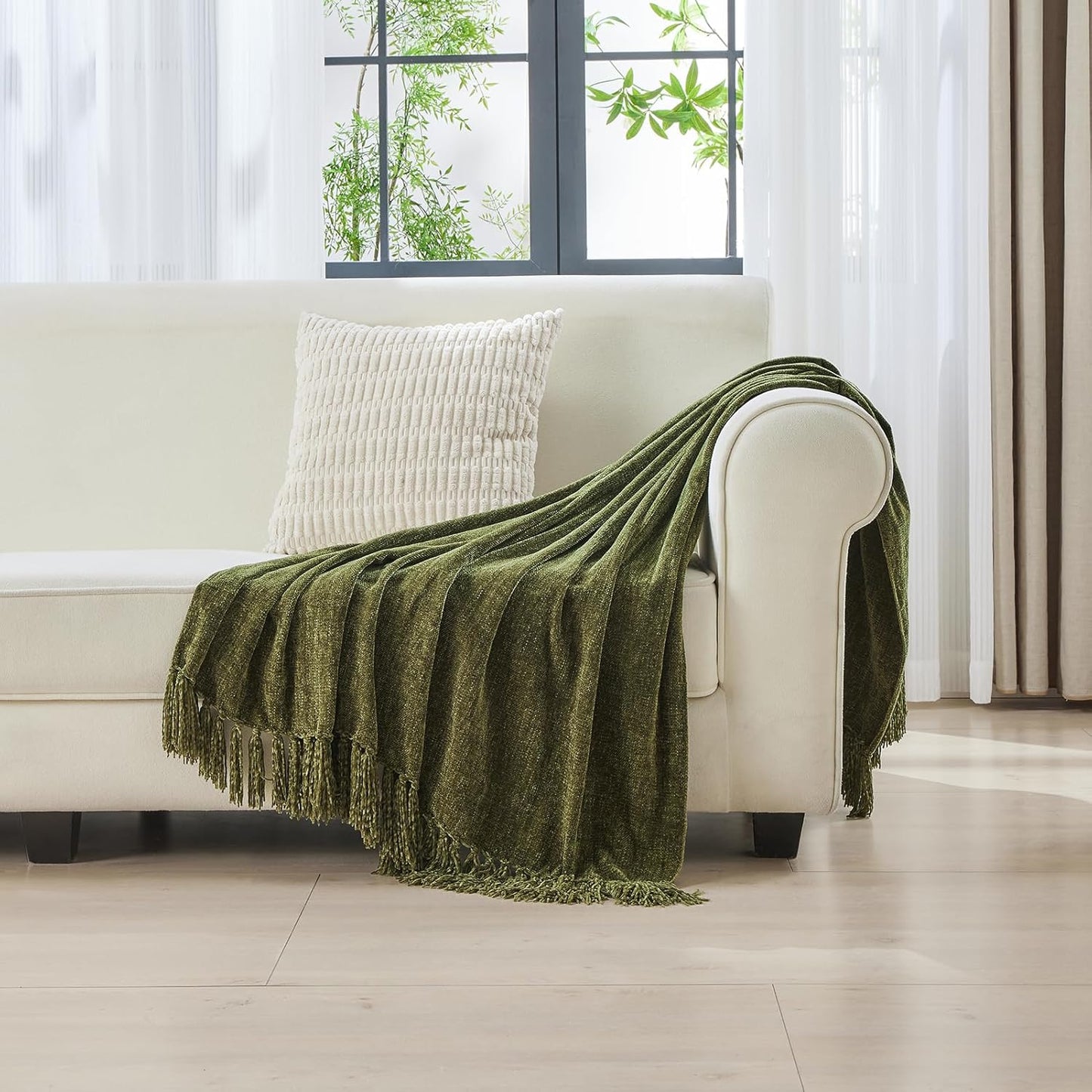 CozeCube Chenille Throw Blanket for Couch, Cozy Plush Fuzzy Decorative Olive Green Blanket with Fringe Tassels, Lightweight Throws for Bed Sofa Gift Home Decor, 60"X80"
