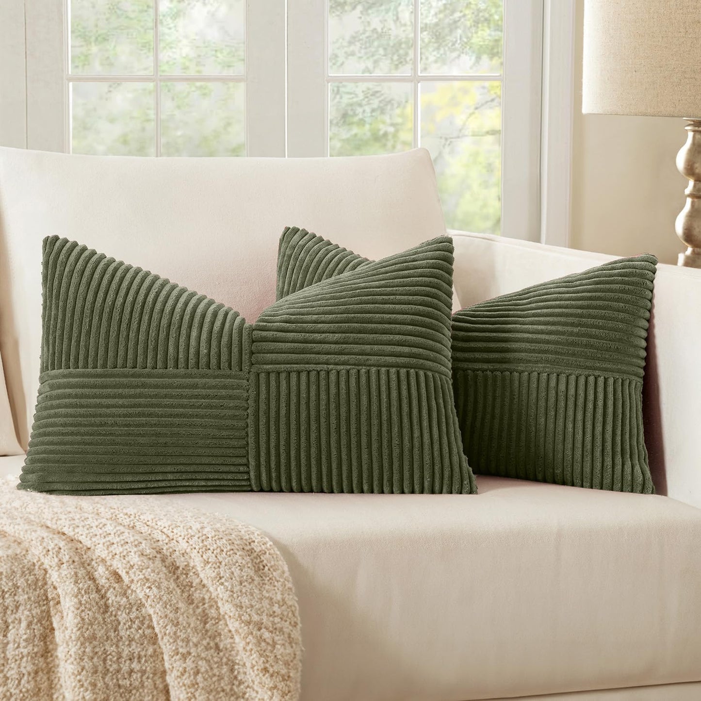 MIULEE 12x20 Inch Boho Lumbar Accent Pillows Set of 2 - Olive Green Corduroy Textured Throw Pillow Covers with Cross Patchwork Design, Soft Spliced Decorative for Sofa, Bed & Reading Nook