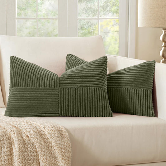 MIULEE 12x20 Inch Boho Lumbar Accent Pillows Set of 2 - Olive Green Corduroy Textured Throw Pillow Covers with Cross Patchwork Design, Soft Spliced Decorative for Sofa, Bed & Reading Nook