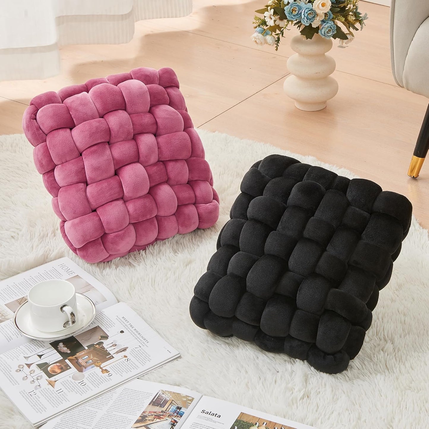 JELLYMONI Black Square Knot Throw Pillow, Small Size Home Decorative Pillow, Decorative Ins Throw Pillow, Soft Velvet Knotted Decor for Room and Couch (S- 11.8"×11.8"×3.5", Black)