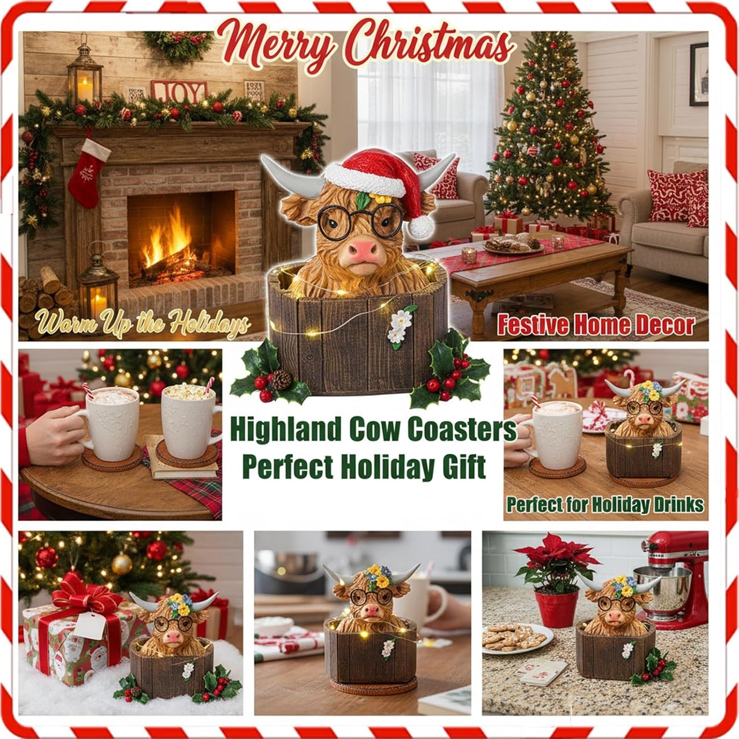 Highland Cattle Coasters - 8 Full Size Rustic Coasters for Log Cabin Decor - Hunting Decor