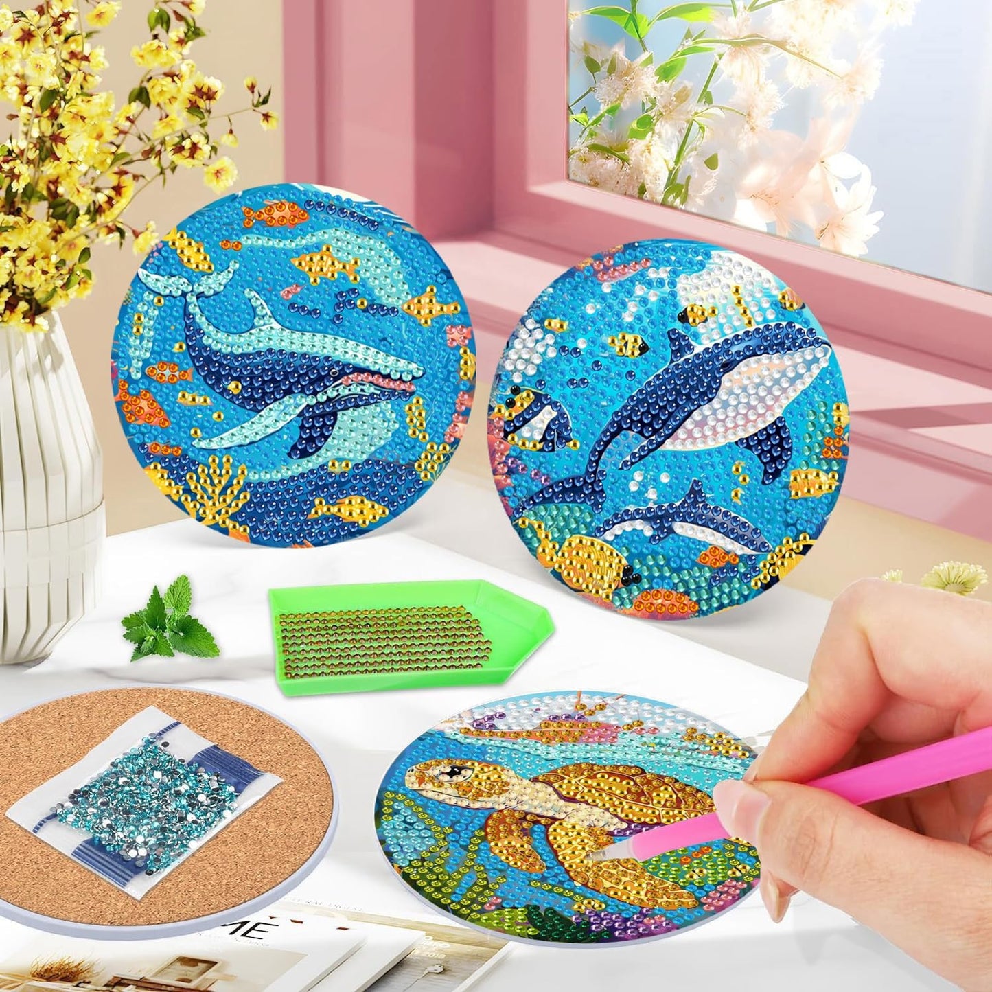 DOTSOPS 8 Pcs Ocean Diamond Art Kits for Adults 5d Diamond Painting Coasters with Holder for Adults Beginners Craft for Women Ocean