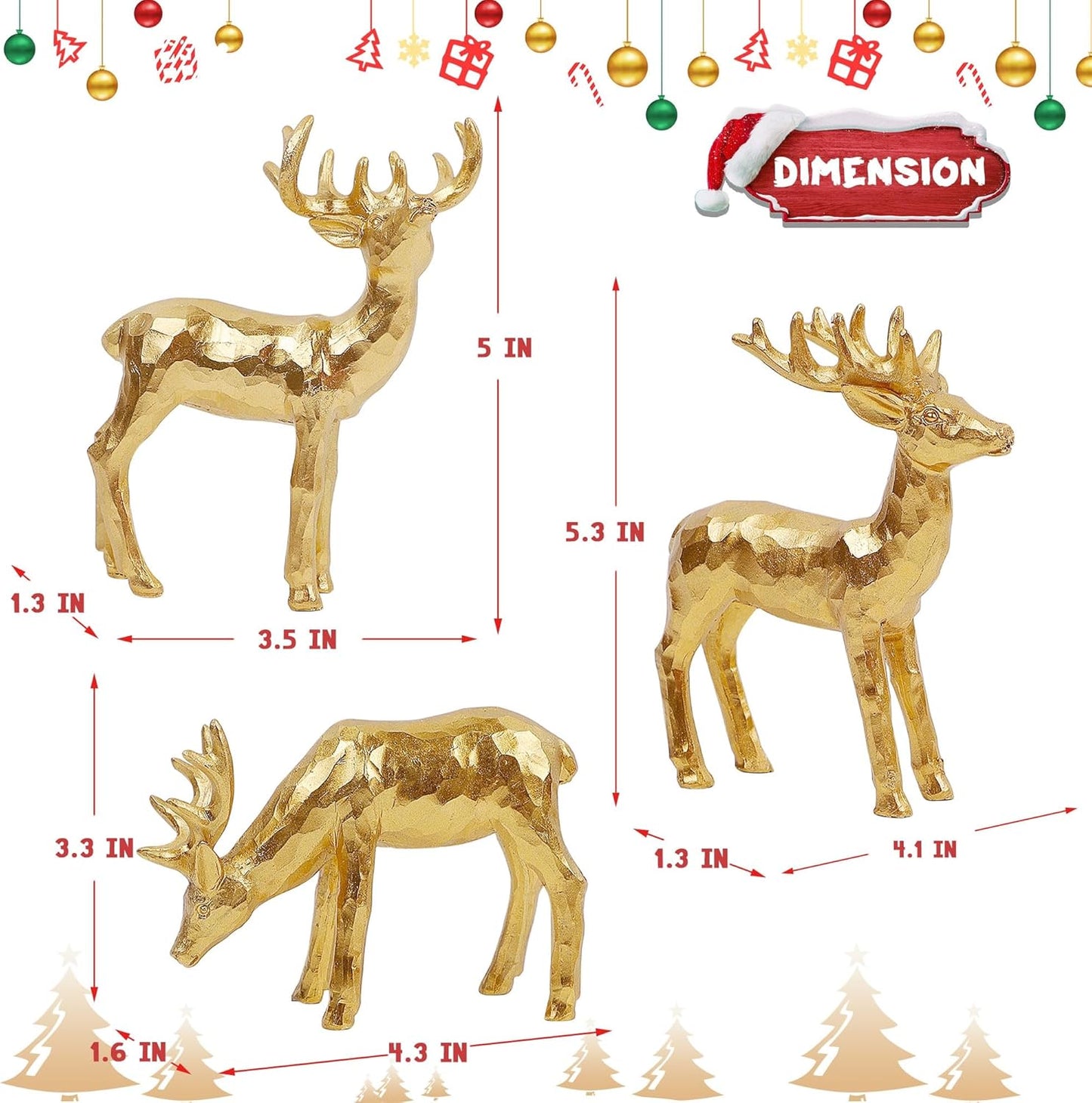 Lulu Home 3 PCS Christmas Tabletop Decorations, Resin Golden Reindeer Family Figurines with Diverse Postures, Xmas Holiday Winter Centerpieces Ornaments for Mantel Shelf Sill Home Office Decor