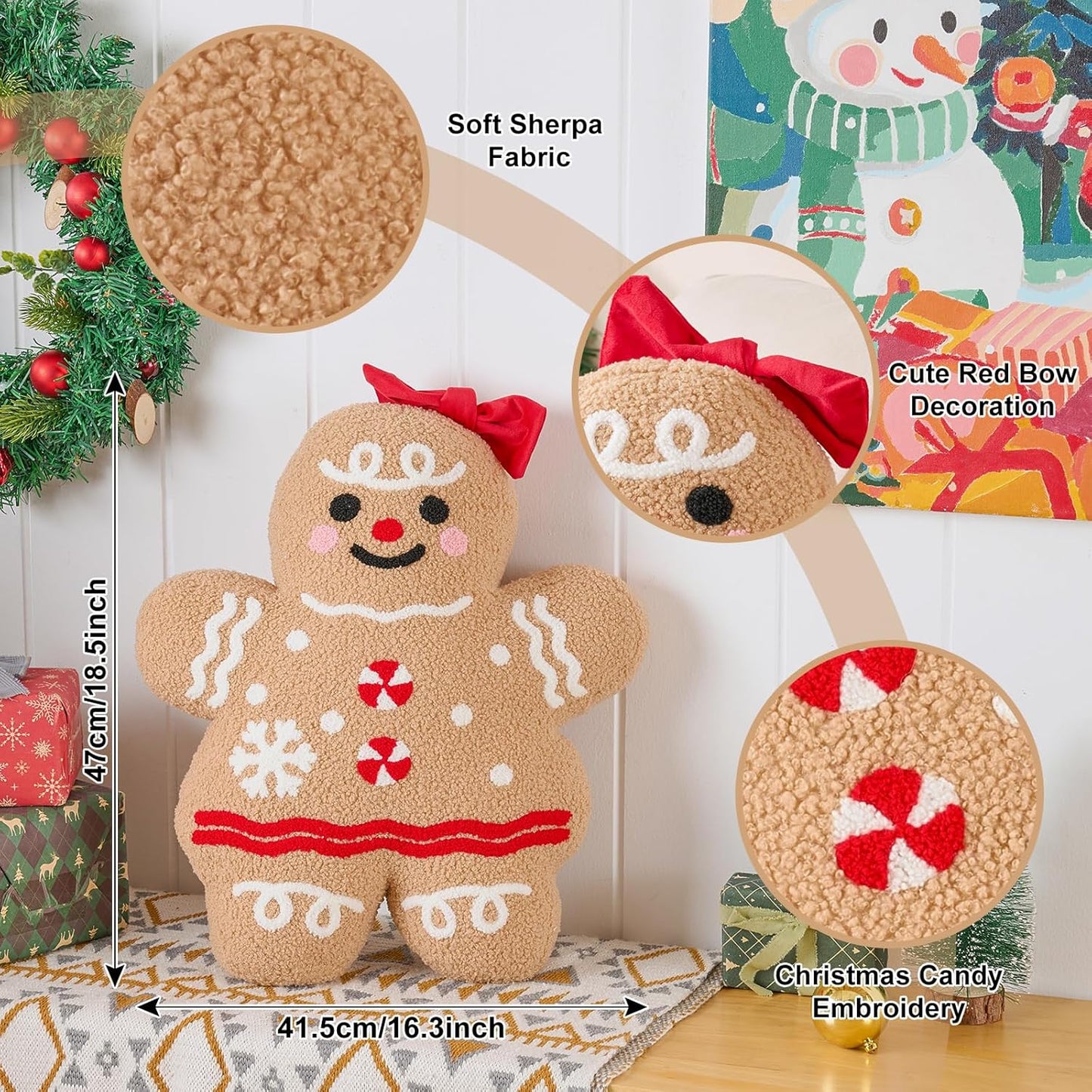 Lanpn Christmas Gingerbread Girl Pillow, Christmas Decoration Winter Throw Pillows Soft Fleece Sherpa Cute 3D Shaped Ginger Bread Lady Throw Cushion for Sofa Bedroom Xmas Decor (16.3x18.5 inch)