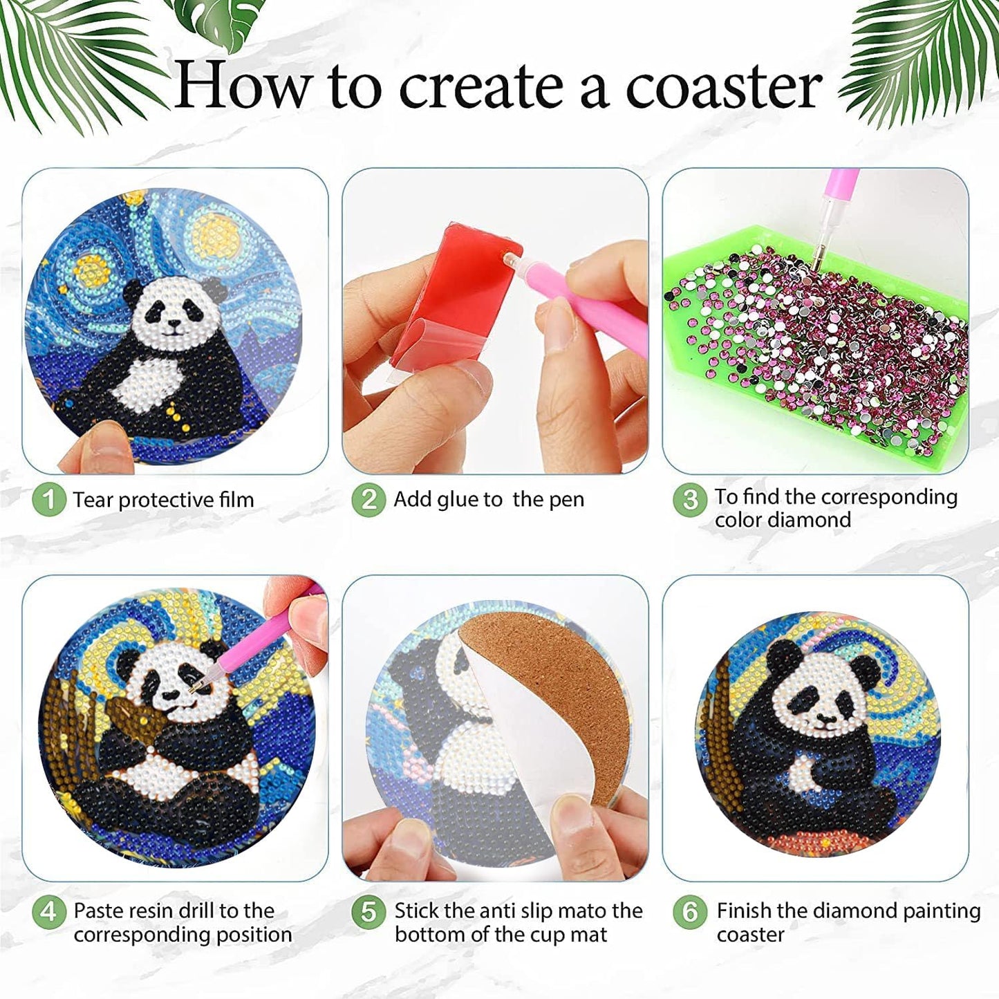 Leatrice 8 Pcs Panda Diamond Art Coasters Set of 8, Small Diamond Painting Kits for Adults Beginners Women, Gem Art Coasters with Holder, Funny Arts Supplies for Home Decor