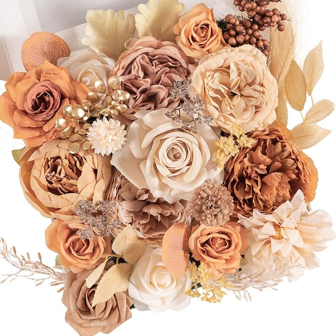 TINGE TIME Silk Fake Flowers Combo, Fake Foam Roses with Stems for DIY Wedding Bouquets Centerpieces Baby Shower Party Home Decorations(Nude Color & Pale Coffee)
