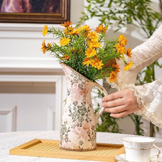 Vintage Ceramic Pitcher Vase with Handle, Farmhouse Green and Pink Large Floral Vases, Chinoiserie Decorative Vase, Rustic Table Centerpiece for Home Decor Living Room, Bookshelf, Office 10.5 Inch