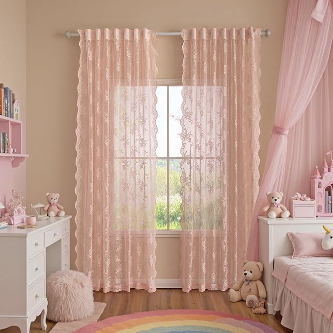 MEETSKY Pink Lace Sheer Curtains 84 Inches Long 2 Panels Set for Girls Room Bedroom Vintage Victorian French Elegant Window Voile Back Tab Rod Pocket Light Filtering Drapes, 50" Wide Each Panel