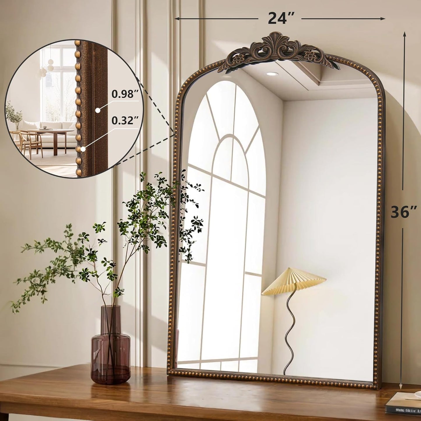 Micasso Traditional Ornate Bronze Mirror: 36" x 24" French Baroque Antique Mirror - Decorative Vintage Arched Mirrors for Wall/Bathroom/Entryway/Hallway - Home Decor for Living Room