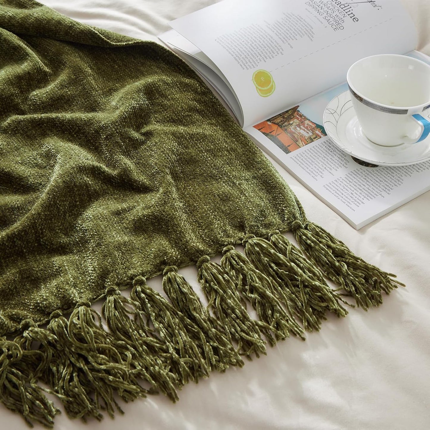 CozeCube Chenille Throw Blanket for Couch, Cozy Plush Fuzzy Decorative Olive Green Blanket with Fringe Tassels, Lightweight Throws for Bed Sofa Gift Home Decor, 60"X80"
