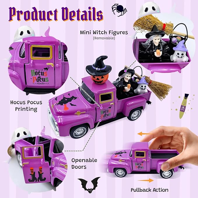 Witch Halloween Decor Indoor Vintage Metal Truck with Mini Witches Pumpkin Cauldron Ghost Figures Purple Hocus Pocus Tiered Tray Decor Halloween Witch Table Decorations for Home Kitchen Mantel Shelf