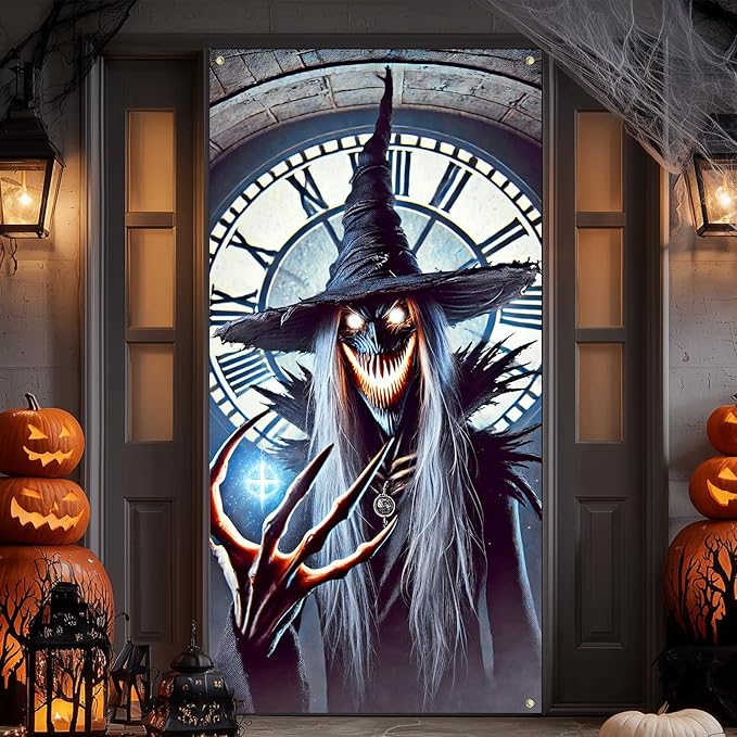 IVN Halloween Door Cover Clock Tower Witch Horror Enchanted Night Decor Photot Backdrop 35x71 Inch Festive Ornate Ornament Home Porch Decor Spooky Welcome Door Banner Outdoor Indoor Decoration