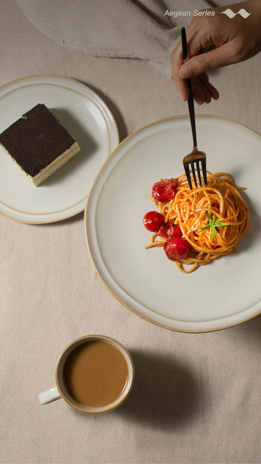 famiware Aegean Dinner Plates Set for 6, 10.5-Inch Scratch Resistant Stoneware Dinnerware Dish Set - Microwave and Dishwasher Safe, Reactive Glaze, Cappuccino White