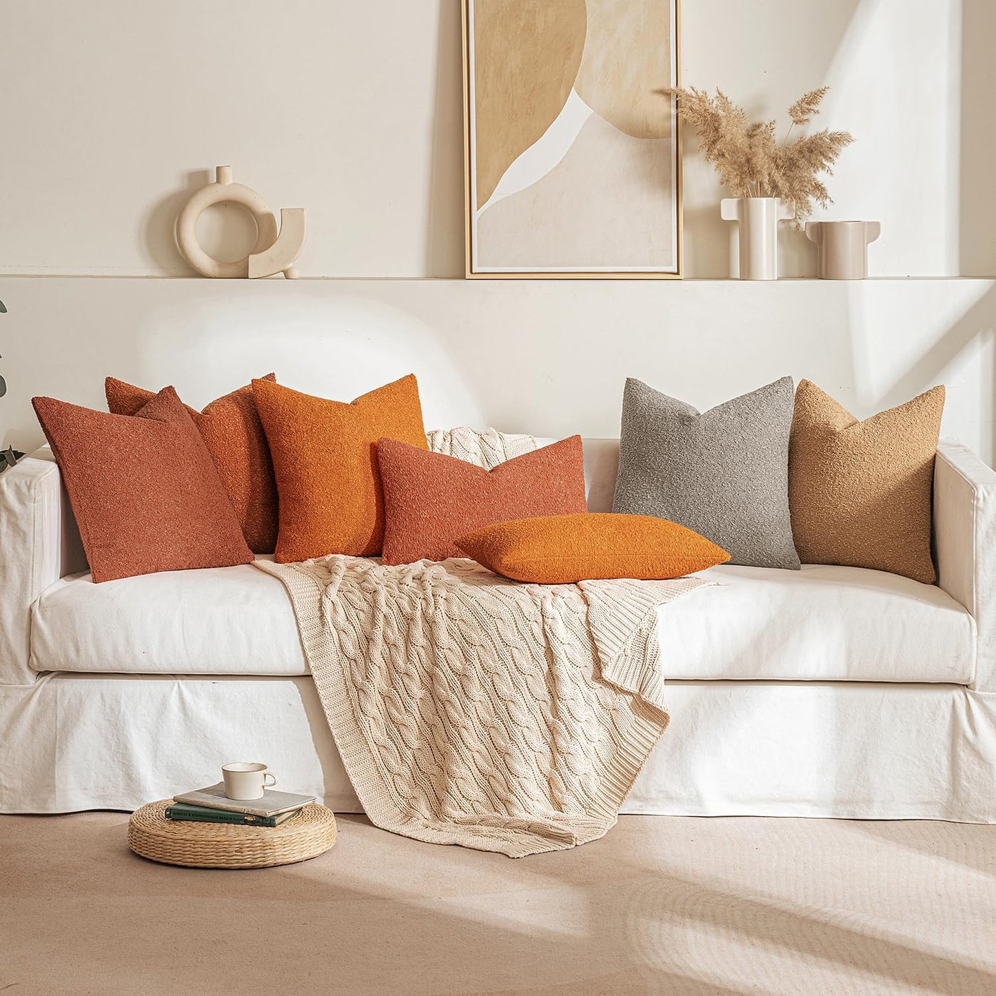 MIULEE 18x18 Inch Decorative Pillow Covers for Couch Bed Set of 2 Textured Boucle Neutral Winter Throw Pillows Rust Accent Solid Cushion Pillowcases Sofa Livingroom Home Decor