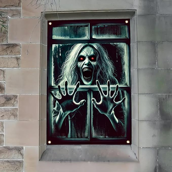 Window Cover Halloween 47x31 Inch Scary Red Eye Screaming Ghost Banner Creepy Horror Decoration for Haunted House Outdoor Indoor Poster Window Prop Decor