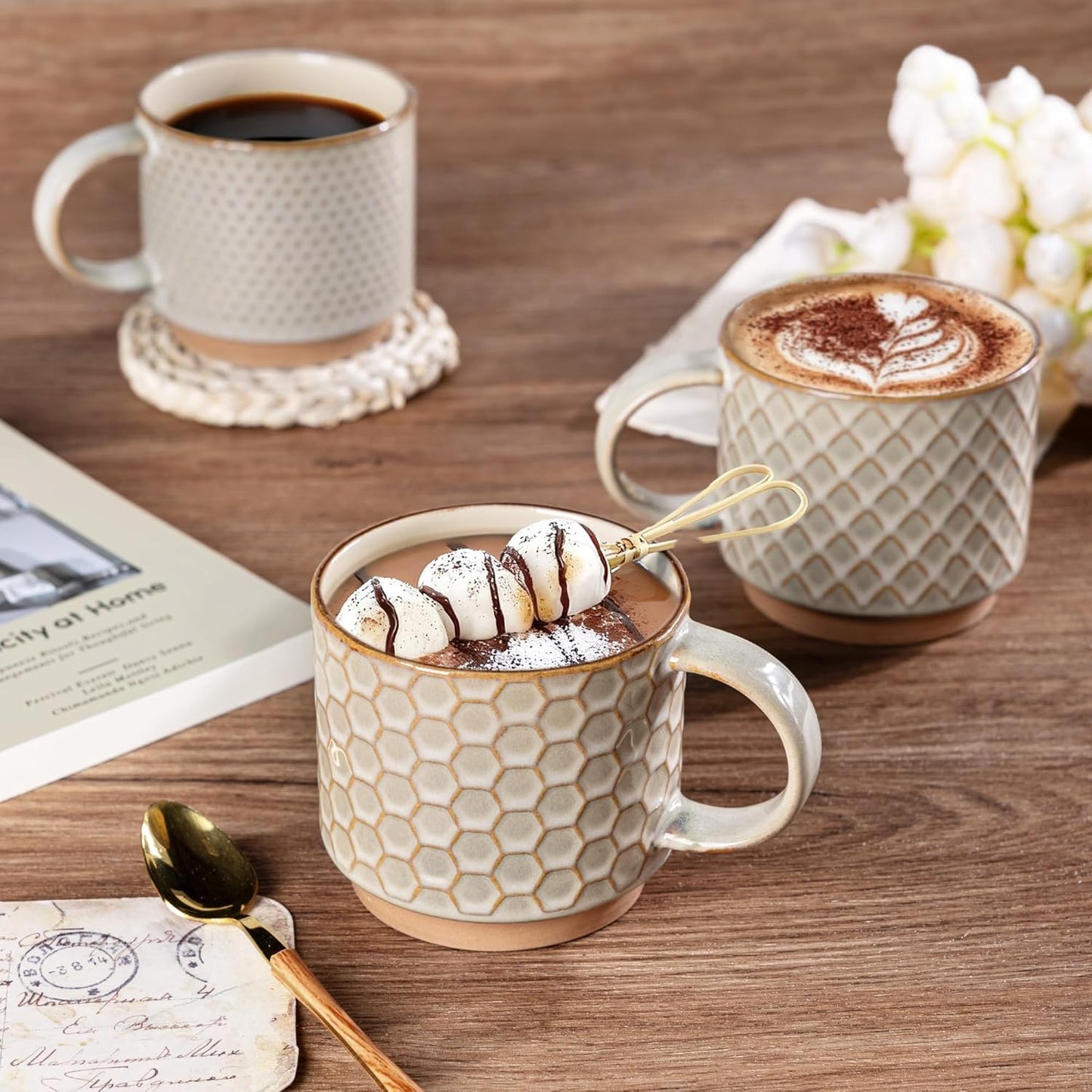 GBHOME 12OZ Stackable Coffee Mugs with Stand, Ceramic Coffee Mugs with Texture Patterns for Man,Woman,Dad,Mom, Modern Coffee Cups Set of 4 for Latte/Cappuccino/Cocoa. Dishwasher&Microwave Safe