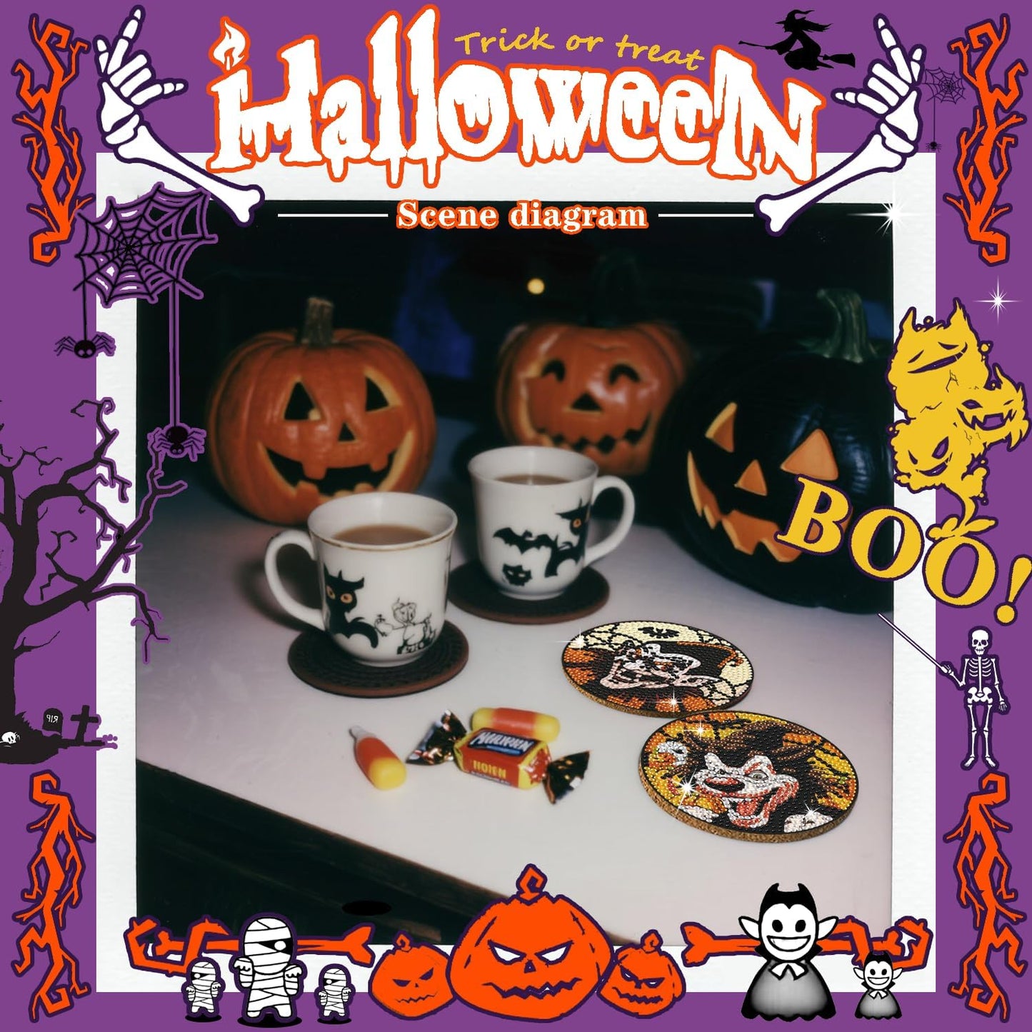 DOTSOPS Halloween Diamond Painting Coaster Set with Holder Diamond Art Kits for Adults Beginners and Kids Birthday Craft Supplies Party Fesstival Decor Set of 8