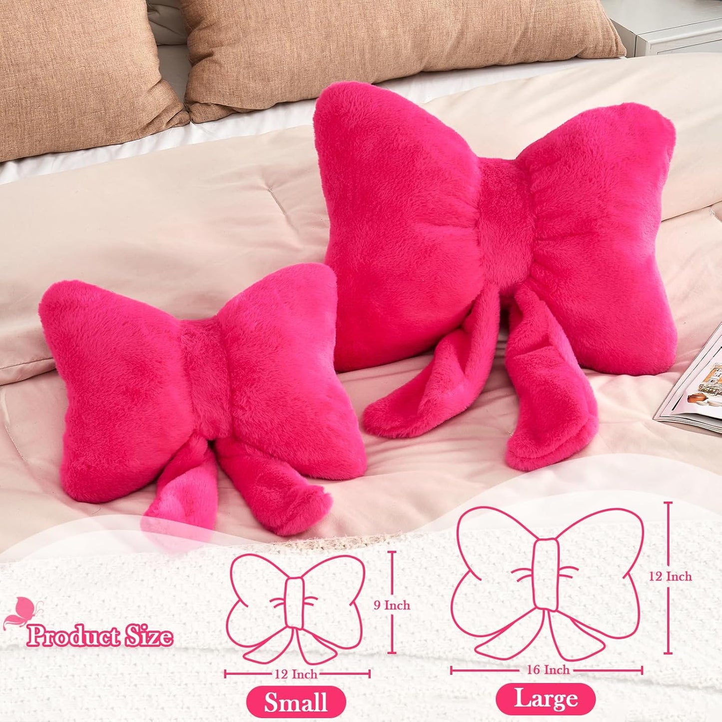 Hot Pink Bow Pillow, Soft Bow Decorative Pillows with Faux Rabbit Fur, Cute 12" Bow Throw Pillows, Aesthetic Home Decor Bow Shaped Plush Pillow for Bedroom Sofa Couch