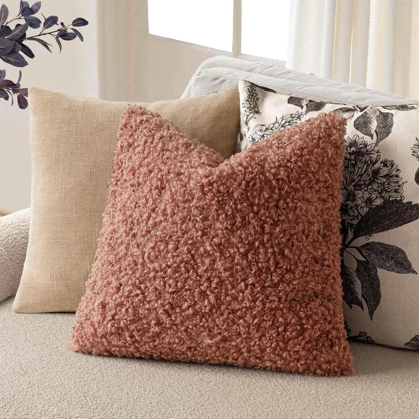 Foindtower 2 Pieces 24x24 Inch Dusty Pink, Faux Fur Throw Pillow Cover Accent Sherpa Furry Pillow Covers Fuzzy Soft Pillowcases Cozy Sheepskin Decorative Fleece Cushion Case for Bed Couch Living Room