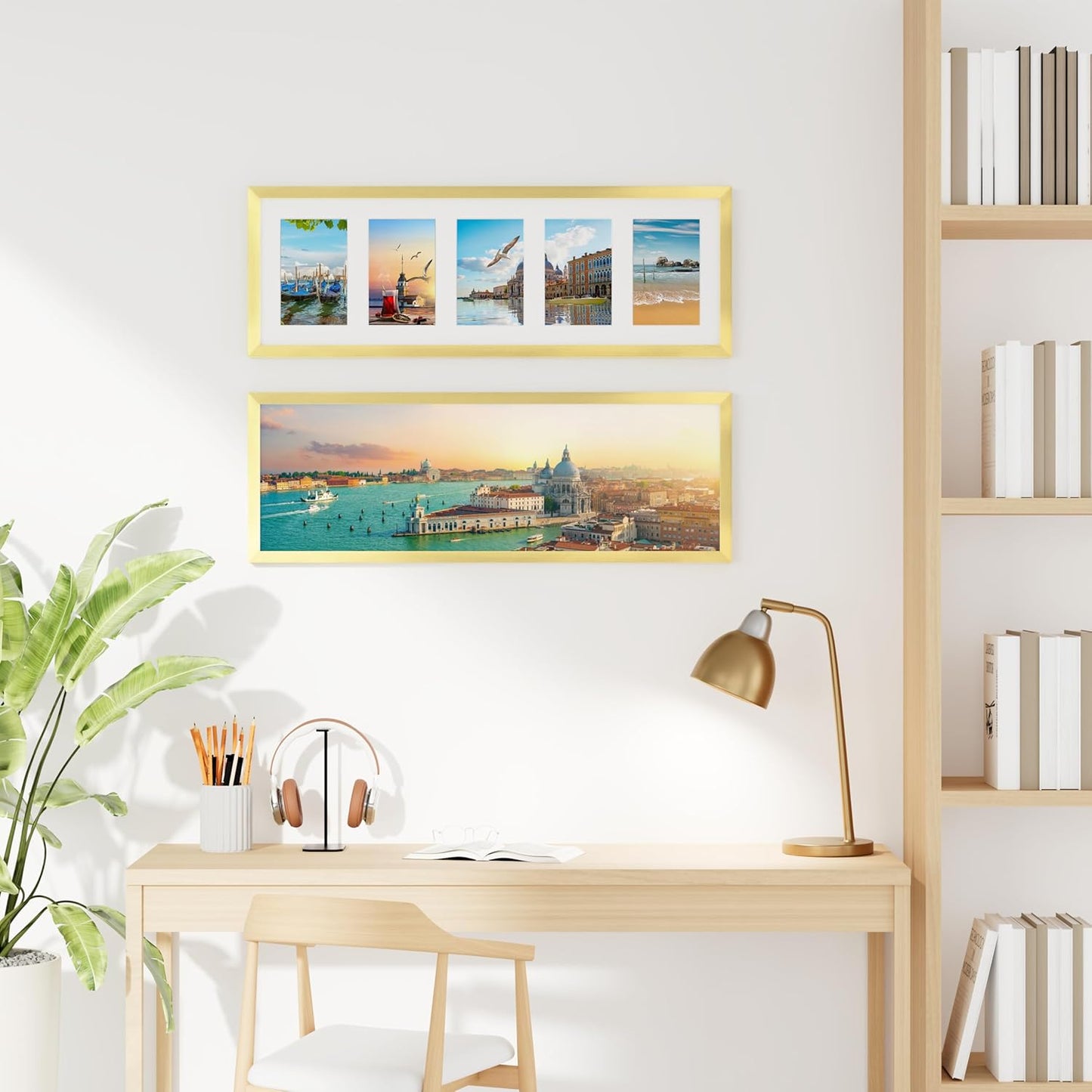 decorUhome 8x24 Picture Frames Collage Wall Decor, Display 5Pcs 4x6 Photos with Mat or 1Pcs 8x24 Unmatted, 5 4x6 Collage Picture Frames for Wall Mounting, Gold