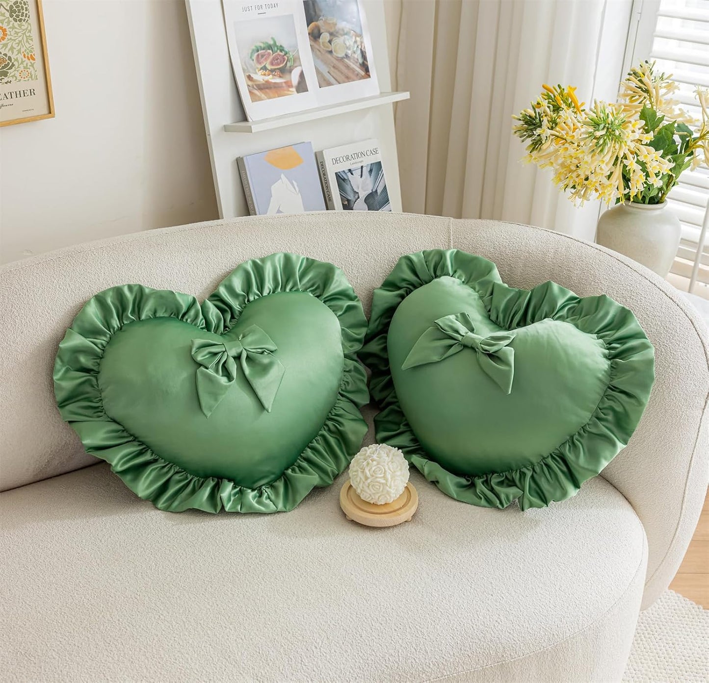 Heart Pillows, Cute Ruffled Heart Shaped Throw Pillows with Bow Soft Stuffed Love Decorative Pillow Cushion for Sofa Couch Bed Girl Room Chair Car Living Room, Green