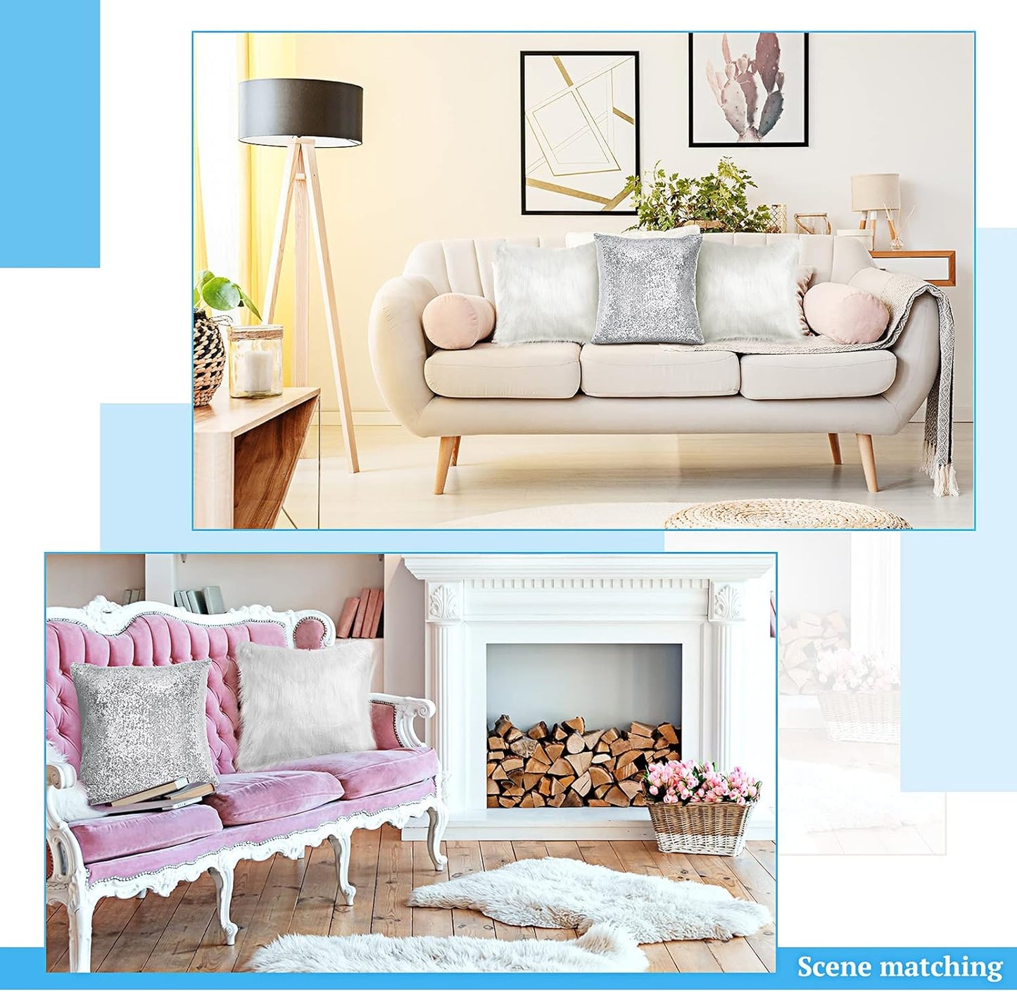 Irenare 4 Pcs Sequin and Fluffy Pillow Covers Winter Throw Pillow Cases Soft Cushion Cover for Couch Bed Sofa Xmas Day(18 x 18 Inch,White, Silver)