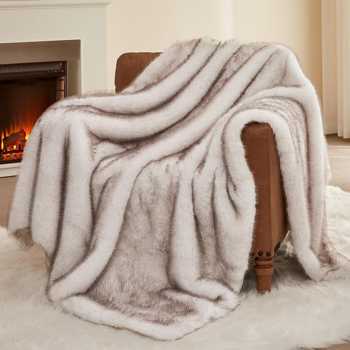 L'AGRATY Faux Fur Throw Blanket: 50''x 60'' Luxury Fluffy Plush Thick Faux Fur Blanket for Bed Couch Sofa - Cozy Soft Fuzzy Blankets for Women Man: Minky Couture Decoration Blanket (White Beige)
